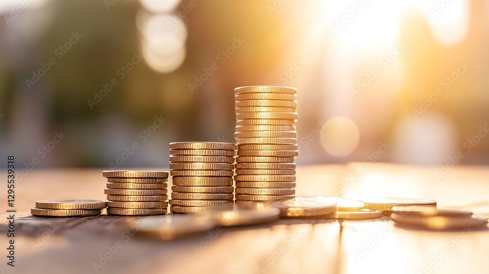 Leinwandbilder stacks of glimmering coins on a wooden surface with soft sunlight in the background : generative ai