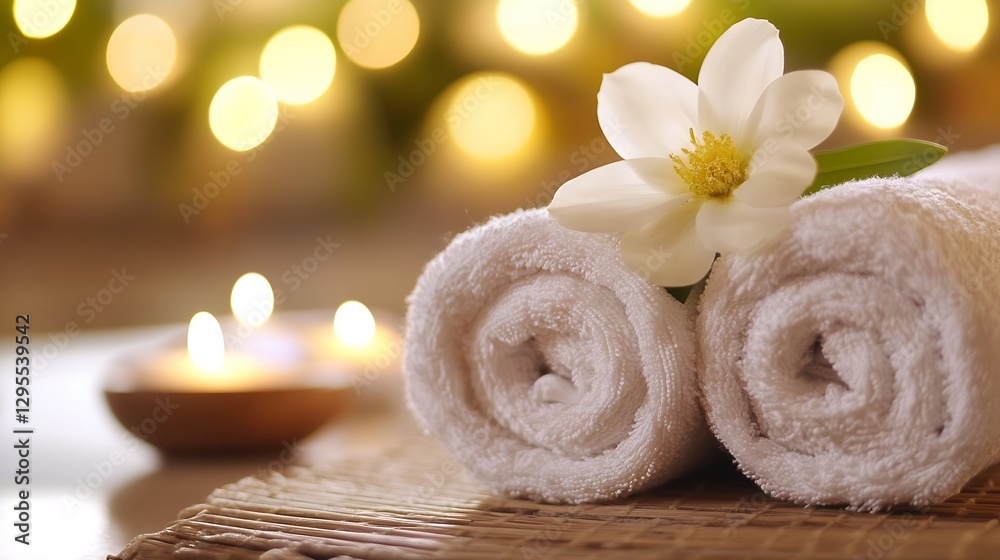 Poster Serene spa setting with rolled towels and a blooming flower surrounded by soft glowing candles : Generative AI