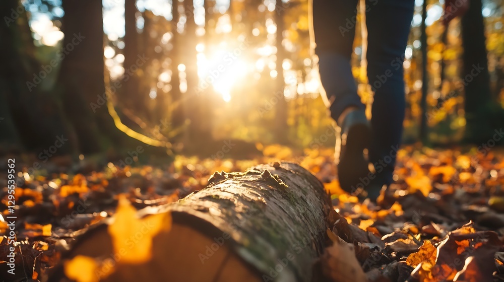 Poster serene autumn walk through a forest with sunlight streaming between trees and fallen leaves : genera