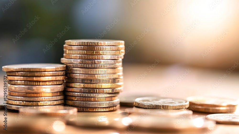 Aufkleber A closeup shot of stacks of gold coins glimmering softly against a blurred background hinting at wealth and prosperity : Generative AI
