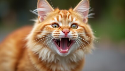 Funny smiling cat with a cute expression, Red background highlights the animal's ginger fur.