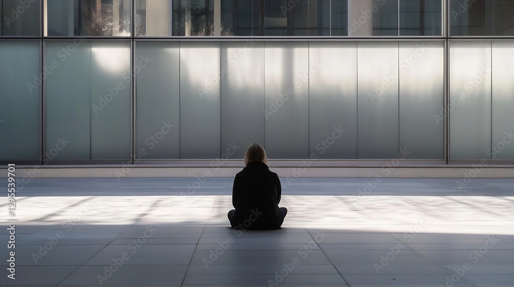 Aufkleber Silhouette of a person sitting alone in an empty modern space with reflective glass surroundings : Generative AI