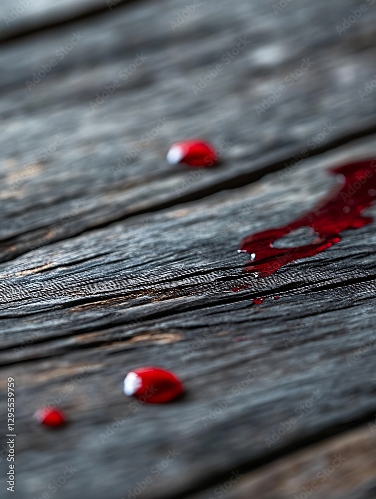 Aufkleber closeup view of spilled red liquid on weathered wood surface creating a dramatic and artistic effect