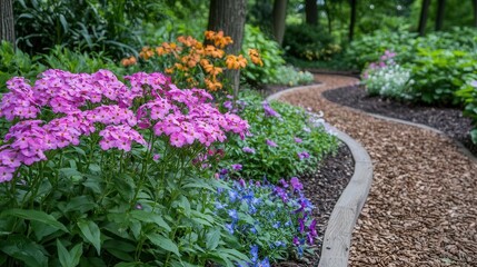 Fototapeta premium Serene Garden Path with Blooming Flowers and Lush Greenery