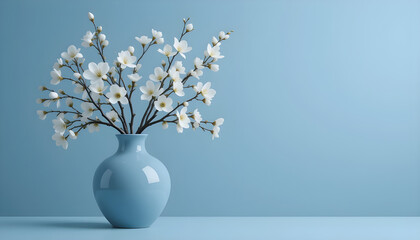 Delicate white blossoms in a light blue vase against a calming backdrop.