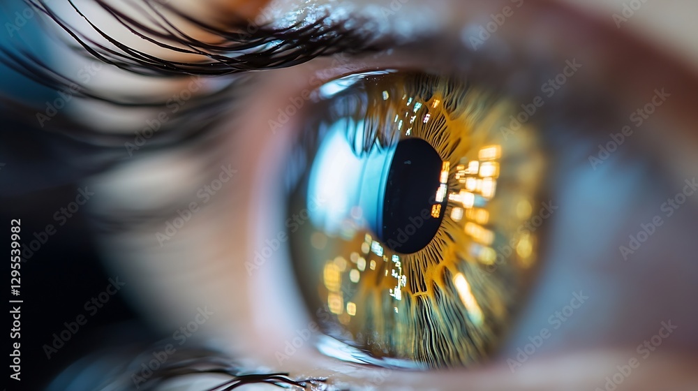 Poster close-up of brown eye reflecting lights and patterns in the pupil : generative ai