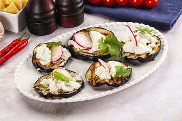 Grilled eggplant with cheese and radish