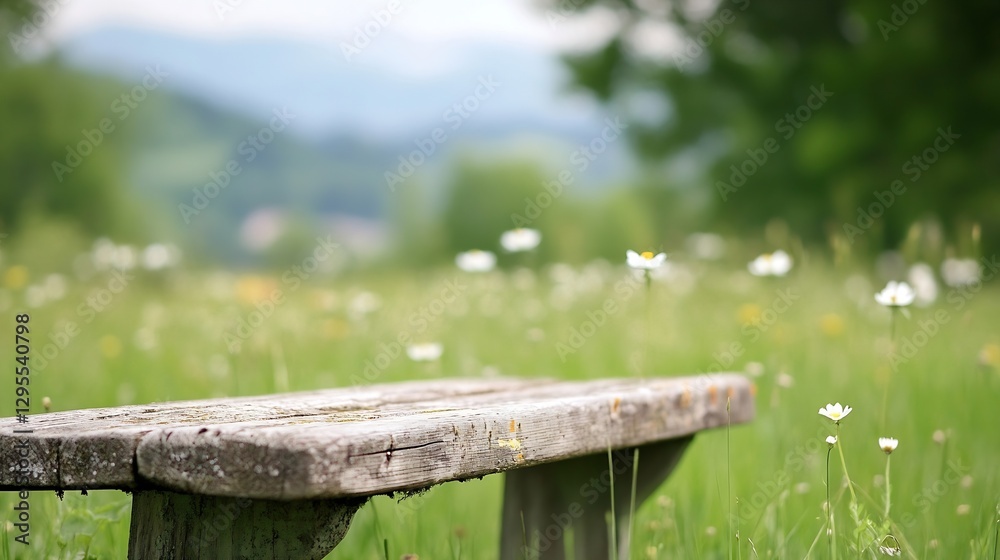 Poster charming view of a rustic wooden bench surrounded by lush green grass and wildflowers in the country