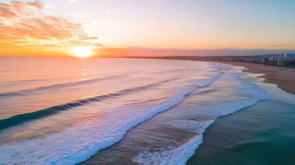 Fototapeta premium Beautiful sunset over calm ocean waves with reflections of vibrant hues in the sky : Generative AI