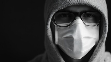 Portrait of a person wearing glasses and a mask conveying themes of health and anonymity : Generative AI
