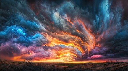 Vibrant Sunset Storm Cloudscape Over a Flat Landscape