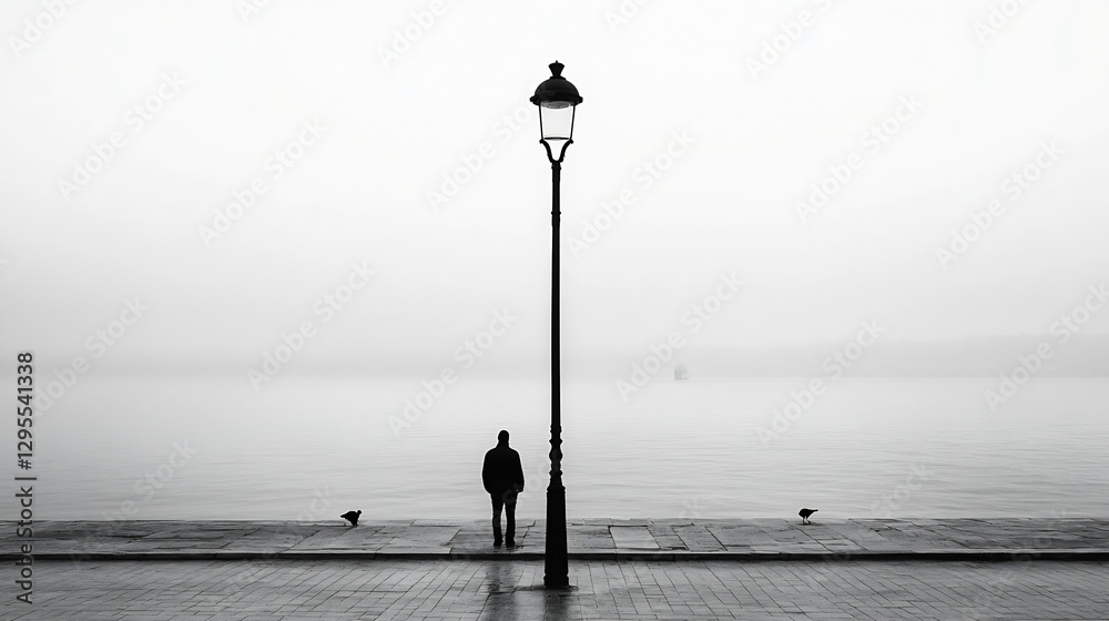 Poster silhouette of a lone figure standing by a lamp post on a foggy waterfront creating a mysterious atmo