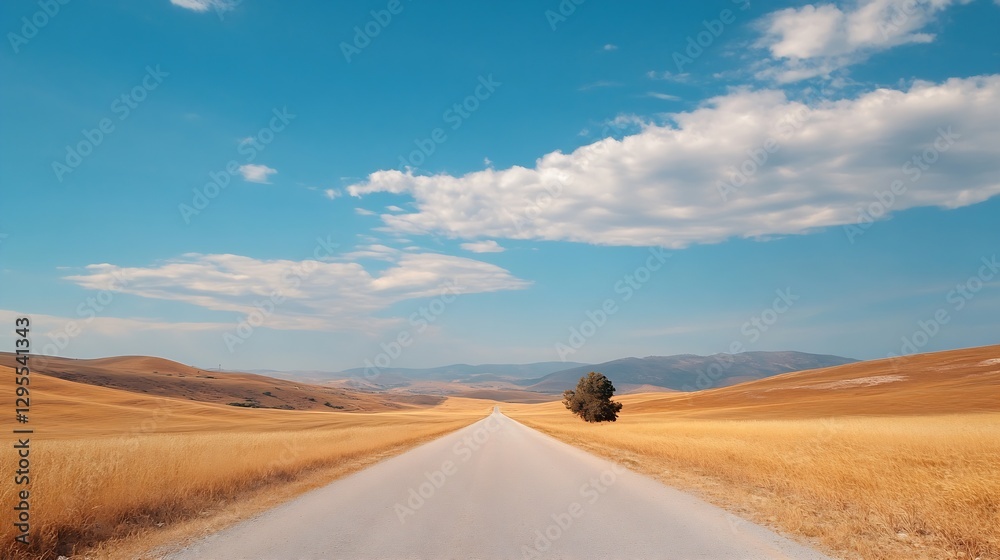Poster wide view of an empty road cutting through golden fields under a clear blue sky on a warm sunny day 
