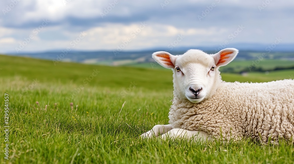 Poster adorable sheep resting on a lush green meadow under a dramatic cloudy sky in the countryside : gener