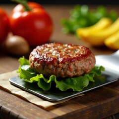 Juicy burger patty on spatula, fresh ingredients nearby , burger patty close up, meat