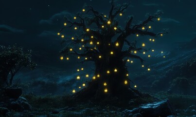 Glowing lanterns illuminate ancient tree in mystical night landscape