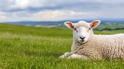 Fototapeta premium Adorable sheep resting on a lush green meadow under a dramatic cloudy sky in the countryside : Generative AI