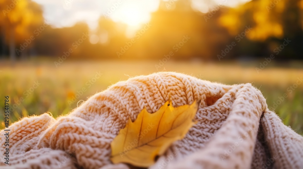 Poster Warm knitted sweater with autumn leaf placed on it in a golden sunlight setting on a crisp fall day : Generative AI