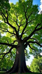 Obraz premium Majestic oak, reaching skyward, intricate branch patterns, form, landscape