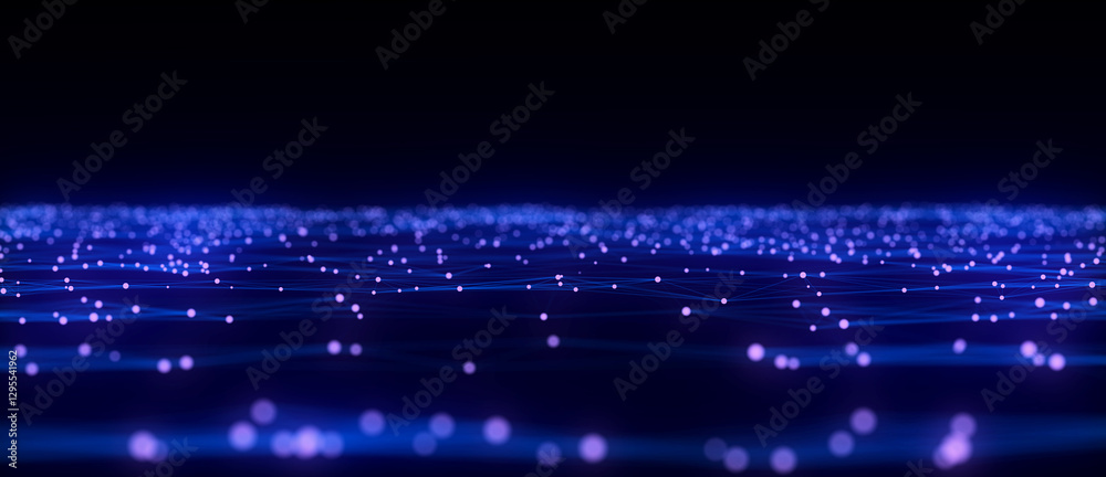 Poster abstract futuristic wave with moving dots. flow of colored particles and lines. cyber technology ill