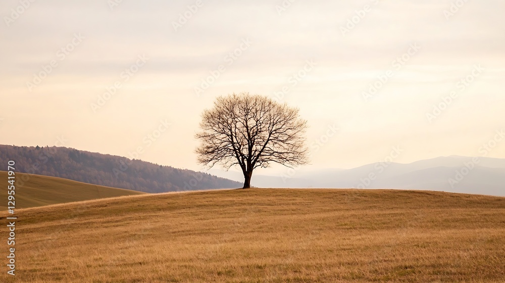 Poster lonely tree stands majestically in a vast golden field under a serene sky : generative ai