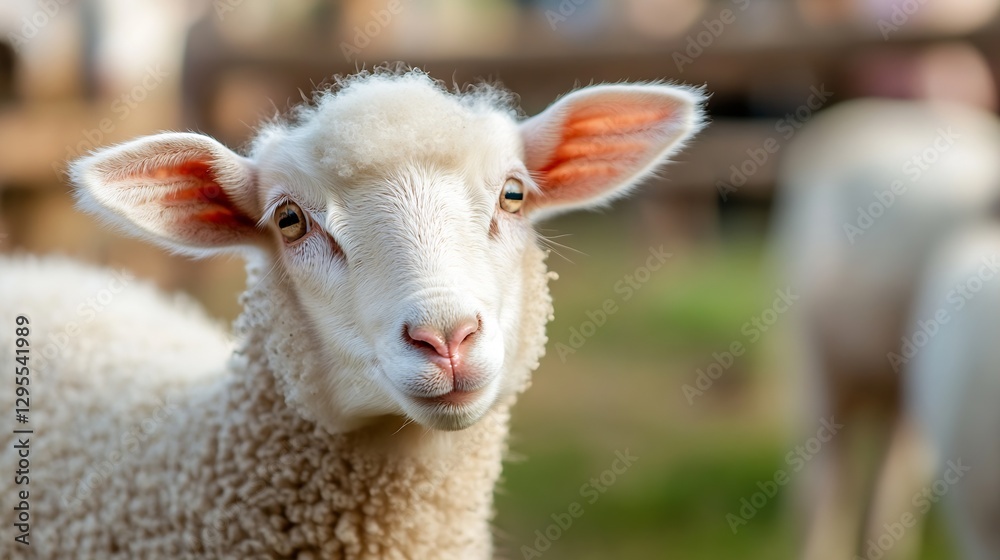 Poster Portrait of a curious sheep with fluffy wool in a farm setting : Generative AI