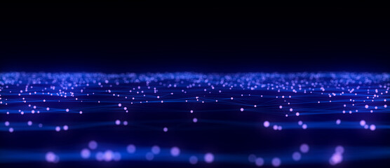 Abstract futuristic wave with moving dots. Flow of colored particles and lines. Cyber technology illustration. Big data visualization. 3d rendering