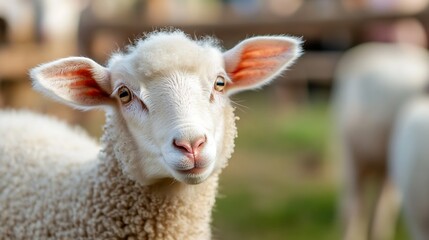 Fototapeta premium Portrait of a curious sheep with fluffy wool in a farm setting : Generative AI