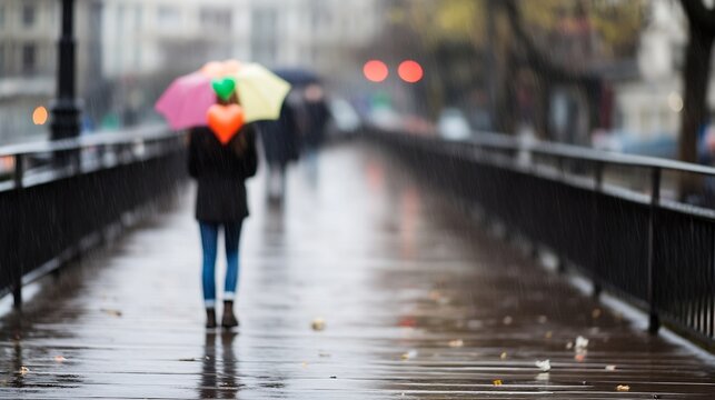 Individual walking with colorful umbrella on wet city sidewalk during rain creating a vibrant street scene : Generative AI