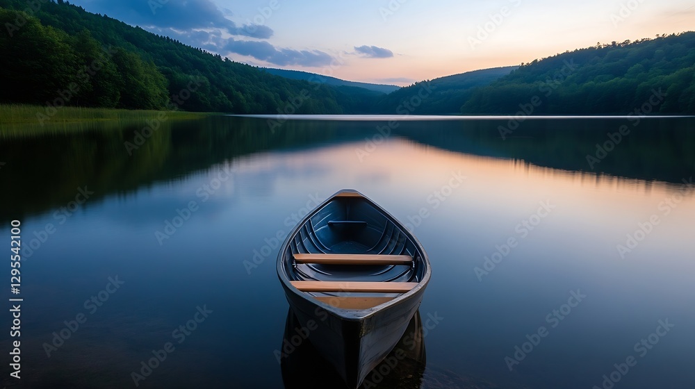 Poster A tranquil view of a canoe floating on a lake surrounded by lush trees at twilight : Generative AI