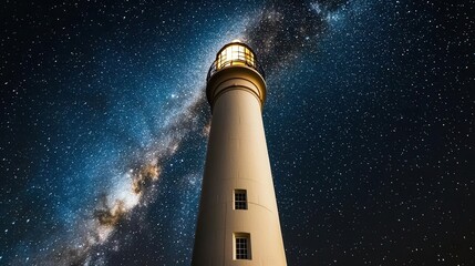 Illuminated Lighthouse Tower Under a Starry Night Sky