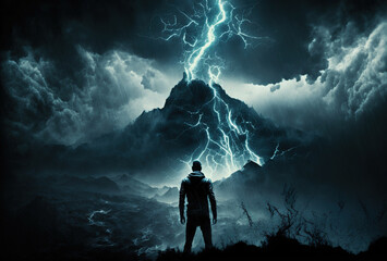 A man stands with his back to the high mountains and a stormy night sky. Bright flashes of lightning illuminate the man's silhouette. The concept of courage, of struggle