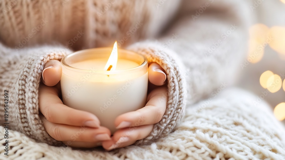 Poster candle in hands relaxing at home with warm cozy sweaters and soft textiles : generative ai