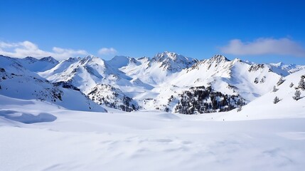 A stunning view of snowy mountains under a clear blue sky showcasing nature's winter beauty : Generative AI