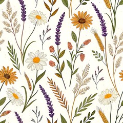 Elegant seamless pattern with daisies lavender and wheat botanical illustration art web retro white