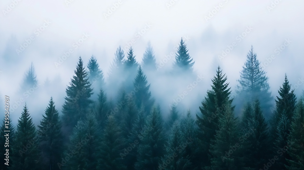 Aufkleber Mystical Fog Enveloping a Dense Pine Tree Forest Creating an Enchanting Natural Landscape Scene : Generative AI