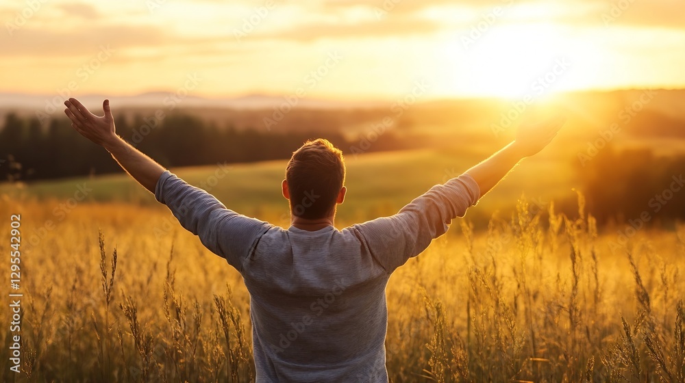 Poster joyful man embracing the sunset with outstretched arms in a golden field of nature : generative ai