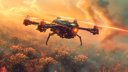Naklejka premium Drone Hovering Over Field at Sunset, A drone hovers over a field during a vibrant sunset, with a city skyline in the background