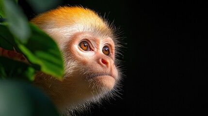 Fototapeta premium A close up of a monkey hiding behind green foliage