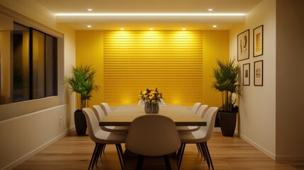 Fototapeta premium Modern Dining Room With Yellow Accent Wall And White Chairs