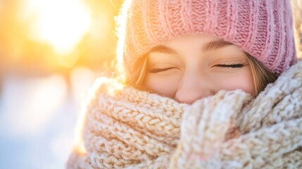 Happy young woman enjoys the warmth of the sun on a cold winter day wrapped in a cozy scarf : Generative AI