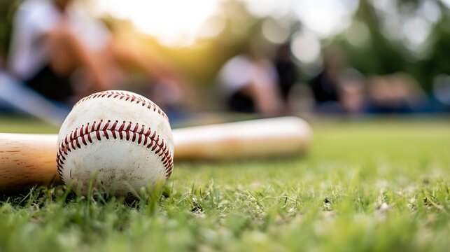 Close up of worn baseball resting on vibrant grass with blurred background : Generative AI