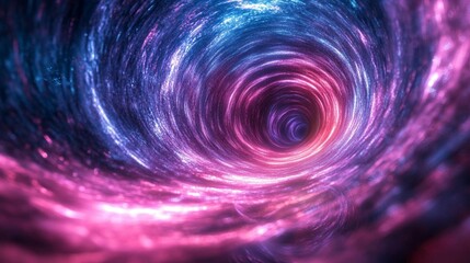 Abstract swirling vortex of vibrant pink and blue hues, resembling a cosmic tunnel or wormhole.