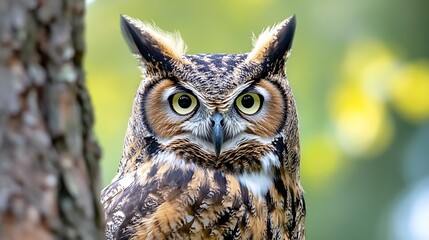 Fototapeta premium Closeup shot of a fierce looking owl perched on a tree with piercing eyes and intricate feather patterns : Generative AI