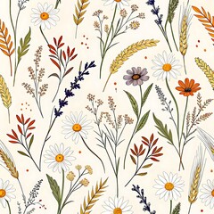 Beautiful seamless pattern of wildflowers daisies and wheat art gold retro cream white green field