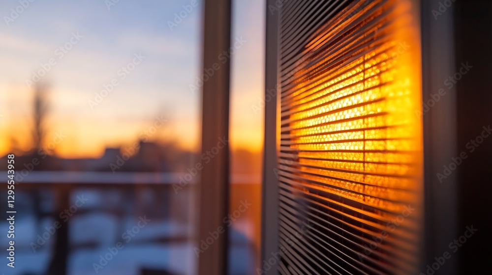 Poster Stunning sunset reflection through a modern window creating a warm and inviting atmosphere : Generative AI