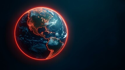 The image contains a digital rendering of planet Earth, seen from space, with a glowing red ring around its equator.  The continents and oceans are visible, with city lights subtly illuminating the l