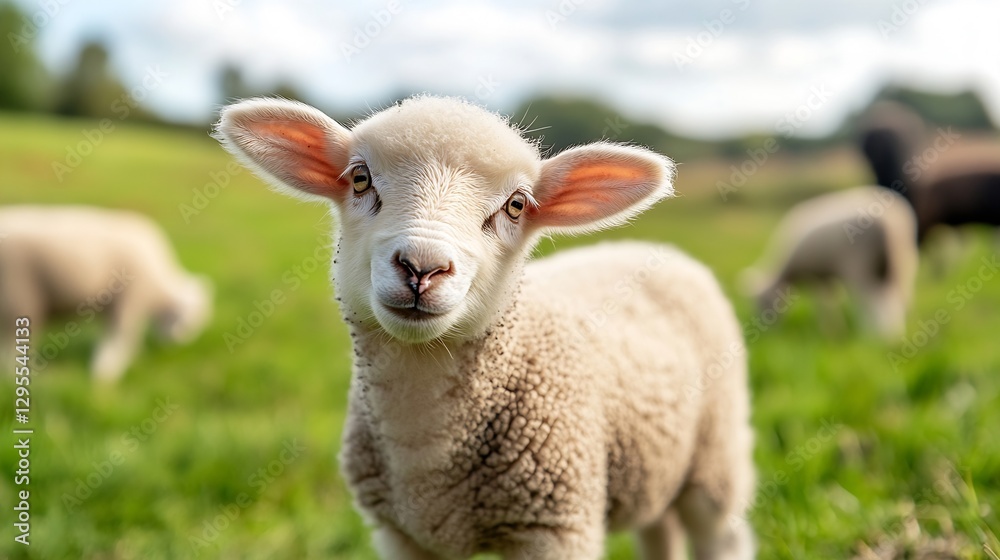 Poster cute lamb standing in a lush green field with gentle sunlight shining in the background : generative