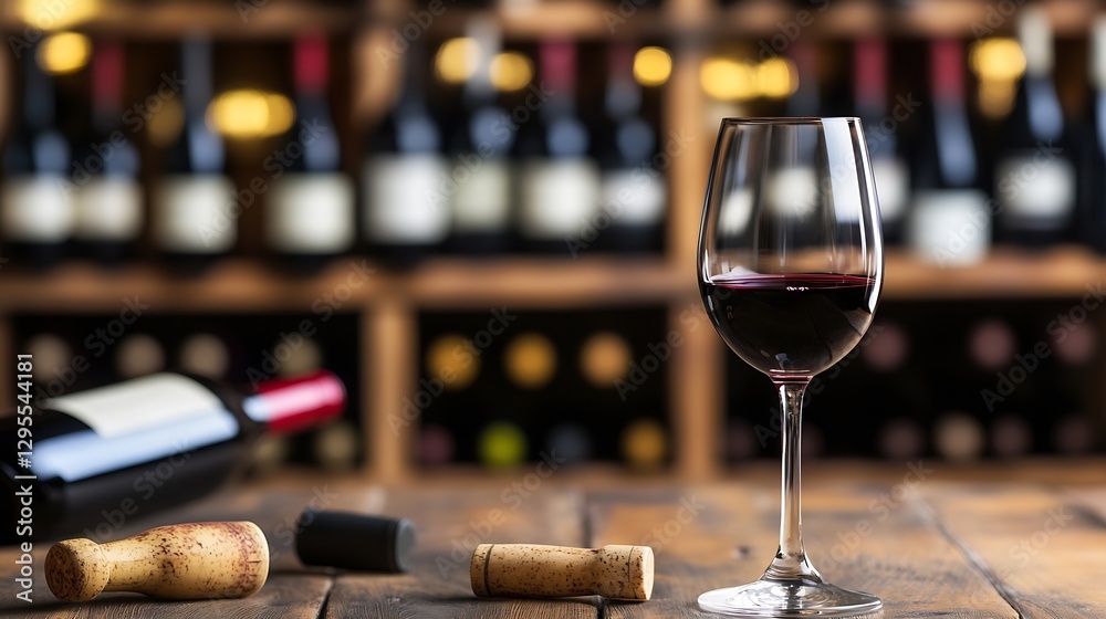 Poster elegant wine glass with cabernet sauvignon surrounded by bottles : generative ai