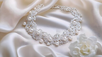 A vintage-inspired necklace with intricate lace designs, featuring pearls and diamonds, laid out on white satin